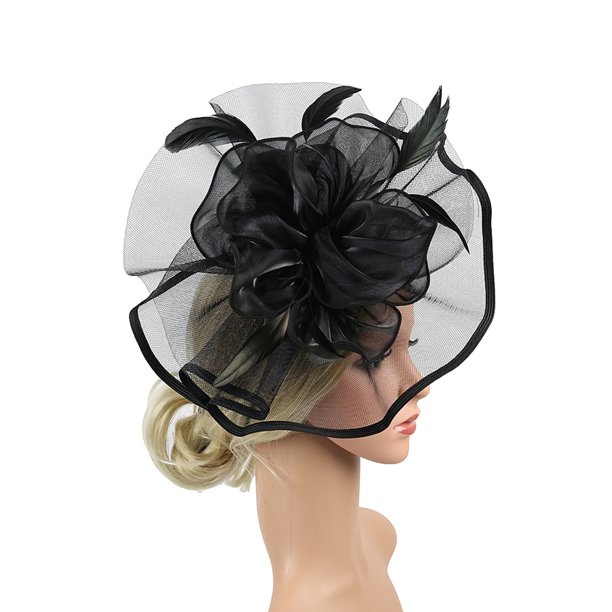 Women Fascinators Hat Dual Use Big Flowers Mesh Ribbons Feathers