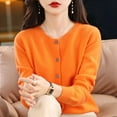 thumbnail image 4 of Women Solid Color Round Neck Long Sleeve Sweater Spring and Autumn All-Match Knitted Cardigan Jacket Orange Color M, 4 of 6