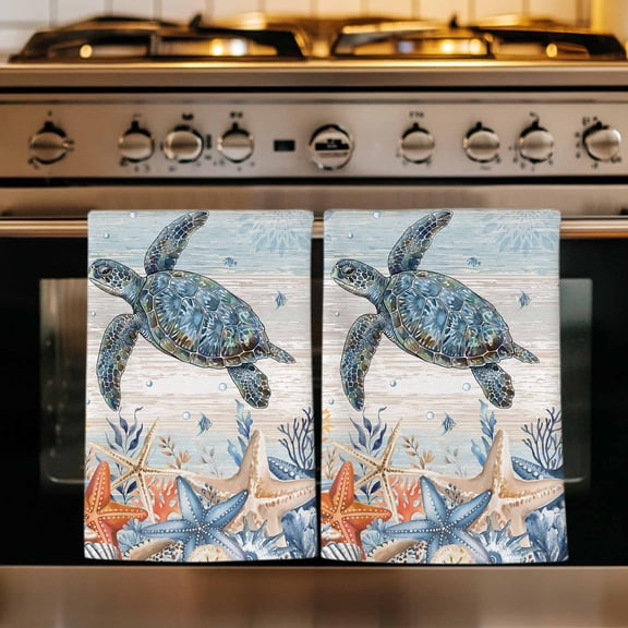Sea Turtle Coastal Kitchen Towels Set of 3, Summer Coral Starfish Blue Grey Wood Absorbent Dish Towels for Kitchen, Microfiber Hand Towel, Quick Drying Tea Towel for Cleaning Decorative Dishcloths