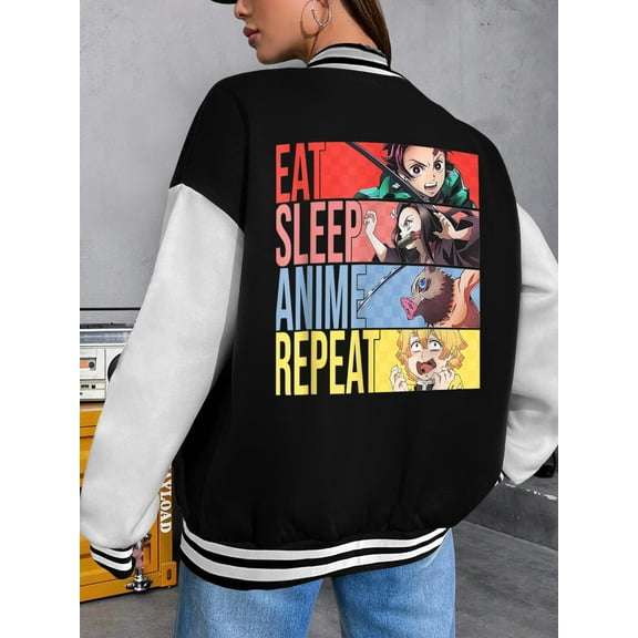 Women's Anime Baseball Jacket Graphic Slayer Demon Eat Sleep Anime Repeat Hoodie Plus Size Kawaii Manga Otaku