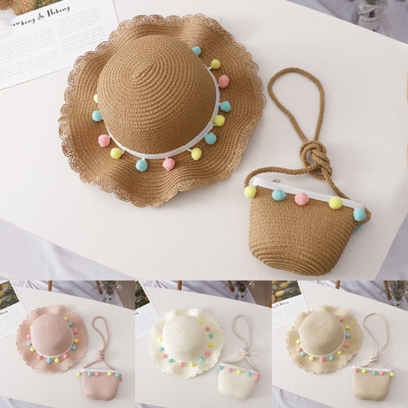 Tea Party Hats for Girls Easter Children Girl Summer Sunscreen Sunshade Hat Straw Beach Sun Hat Straw Bag