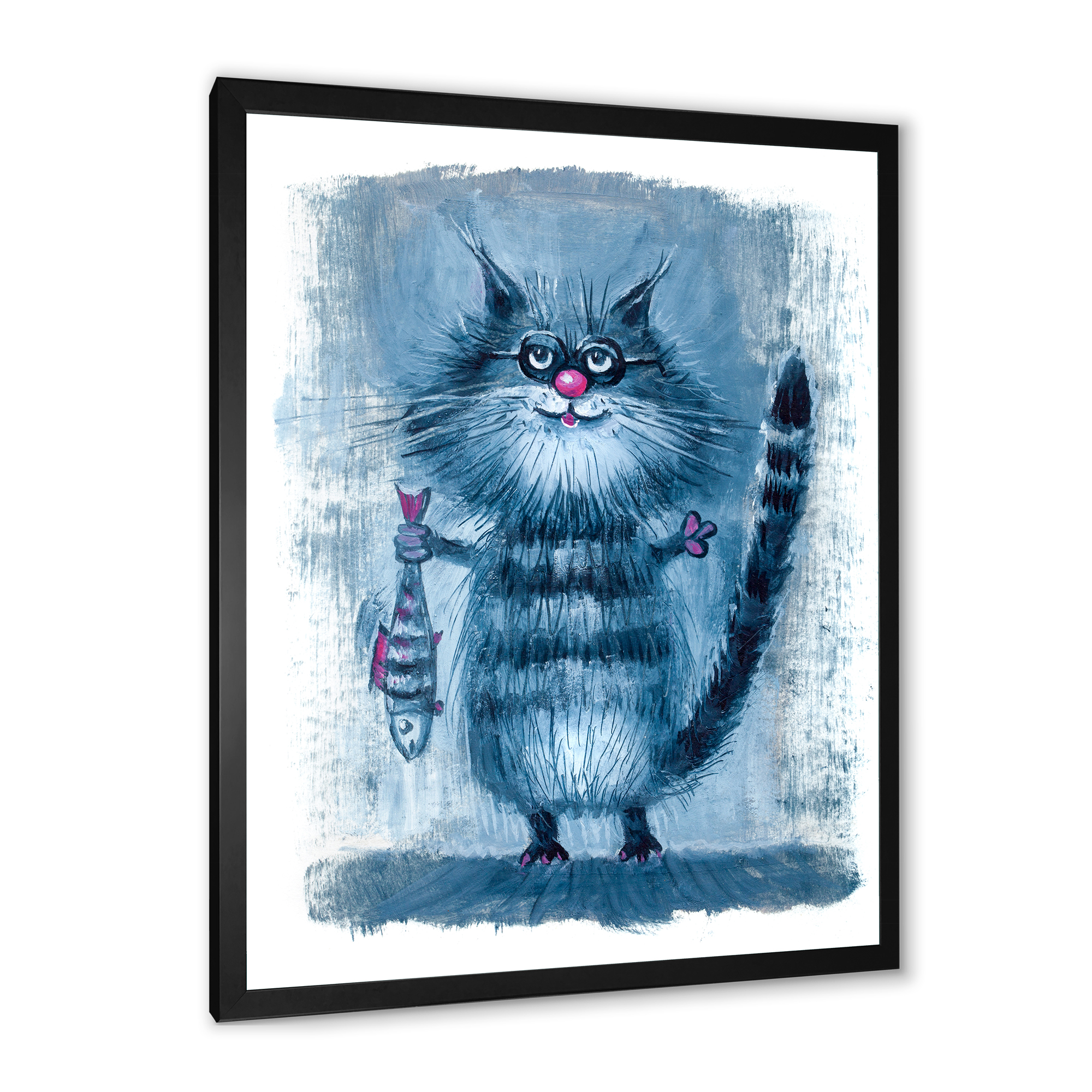 Designart 'Standing Cat Holding A Fish In Its Claws' Nautical & Coastal Framed Art Print