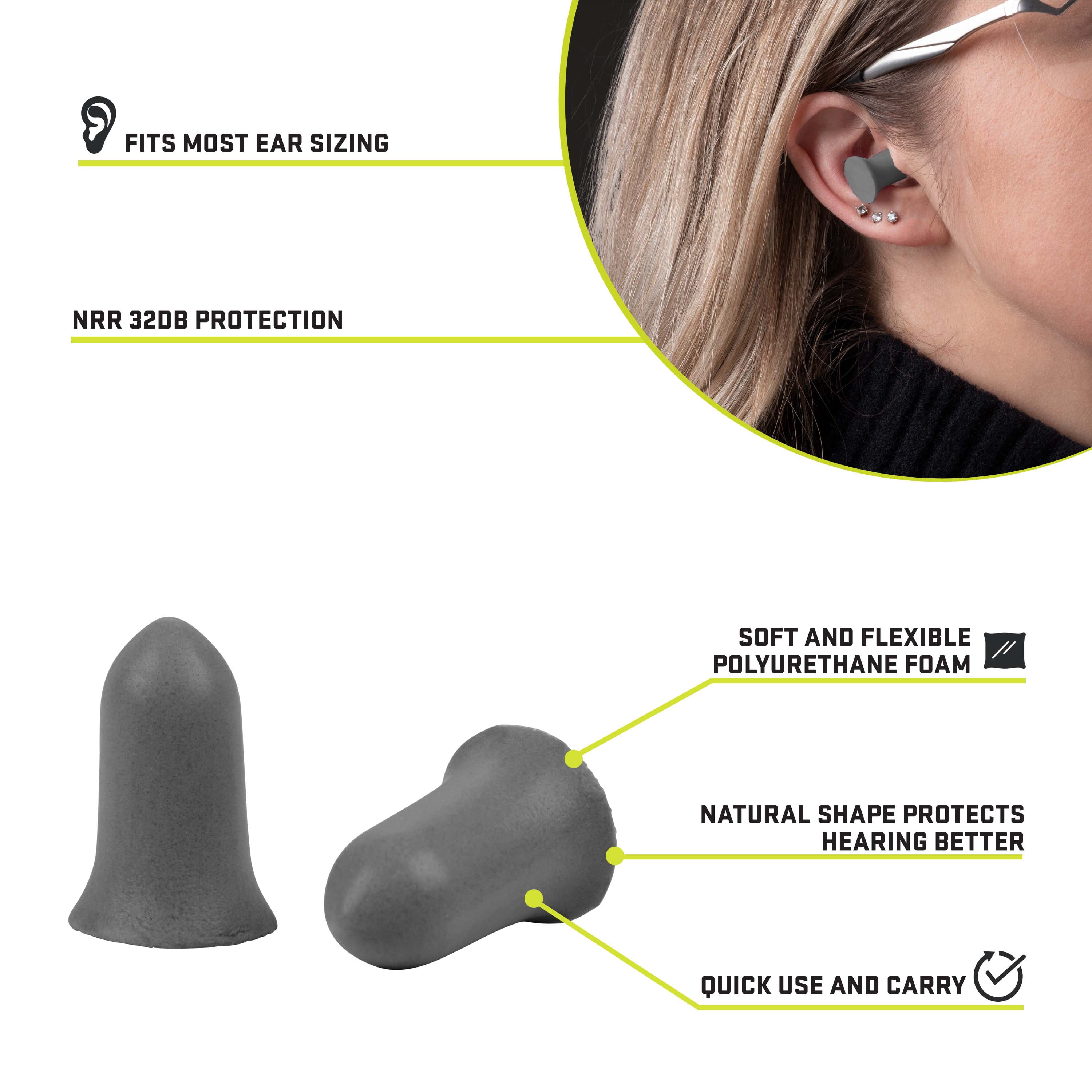 ULTRX™ Tapered Foam Ear Plugs, 25 Pair Value Pack, Gray, Adult, Unisex, Model 4132, NRR 32 Db