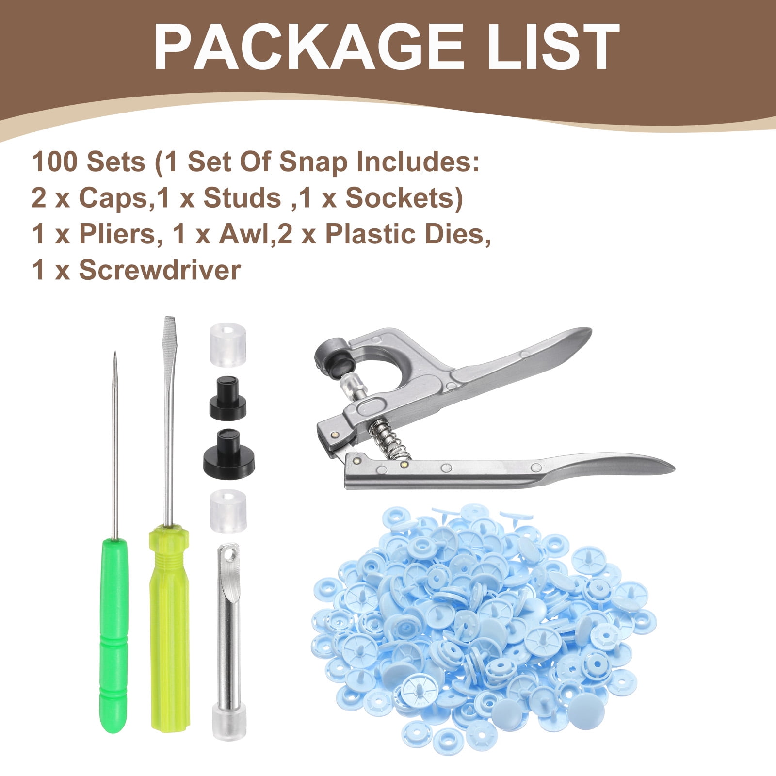 Uxcell Plastic Snaps Fasteners with Snap Pliers, 100 Set T8 Round Resin No-Sew Button Snap Fasteners Kit Light Blue