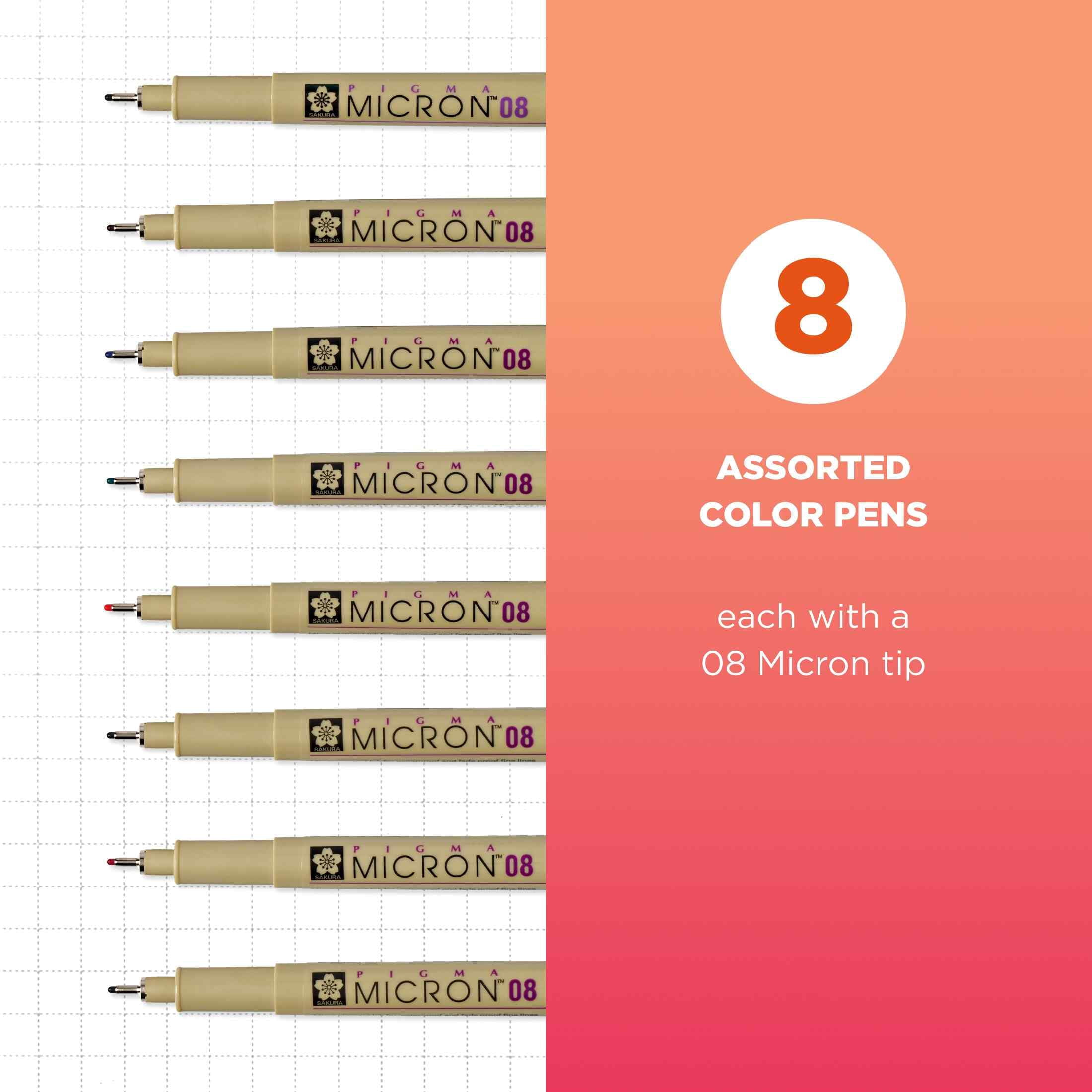 Sakura Pigma Micron Fineliner Pens - Archival Black and Colored Ink Pens - For Writing, Drawing, or Journaling - Black and Assorted Colored Ink - 08 Nib Size - Fine Line - 8 Pack