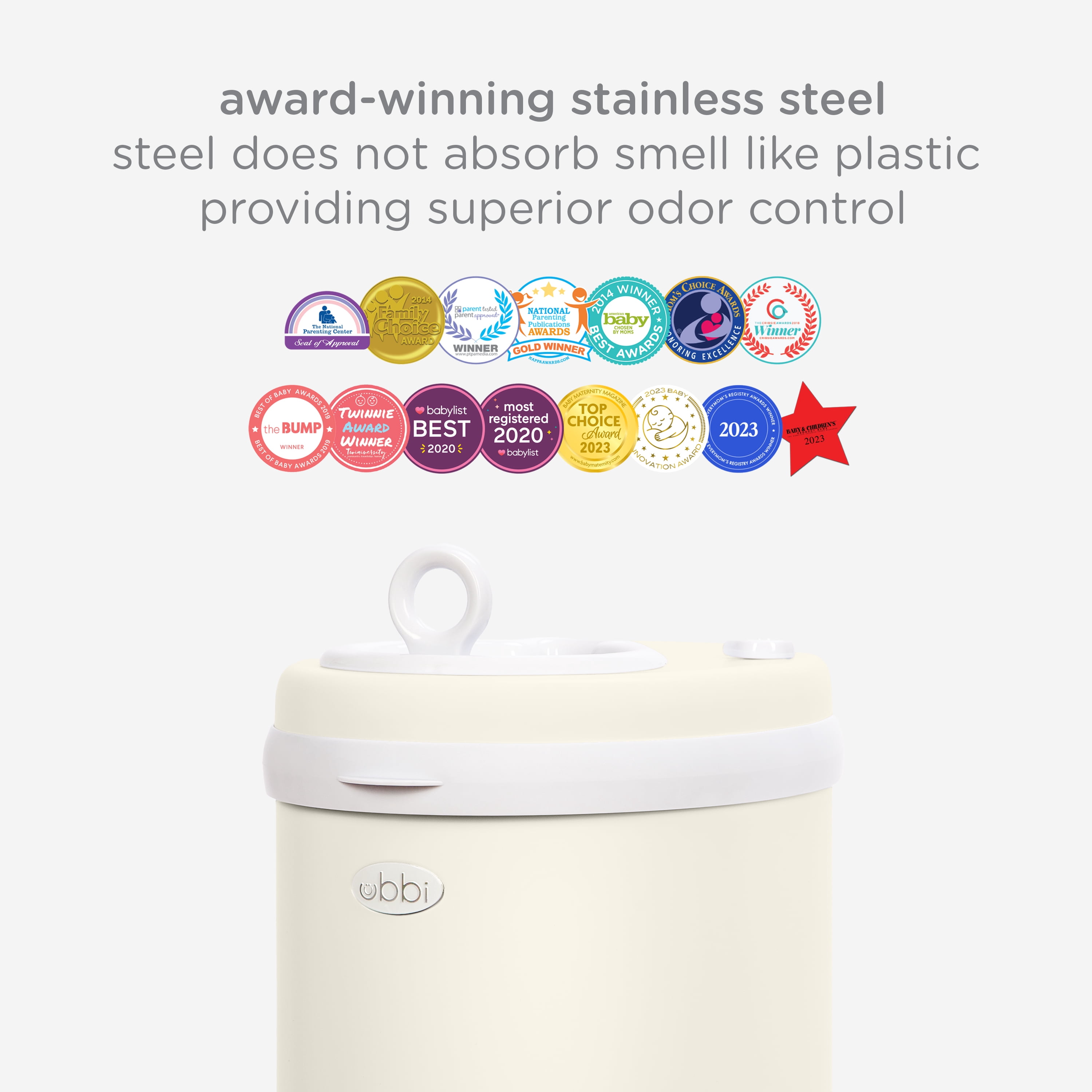 Ubbi Stainless Steel Diaper Pail, Odor Locking, No Special Bag Required, Award-Winning, Registry Must-Have, Ivory