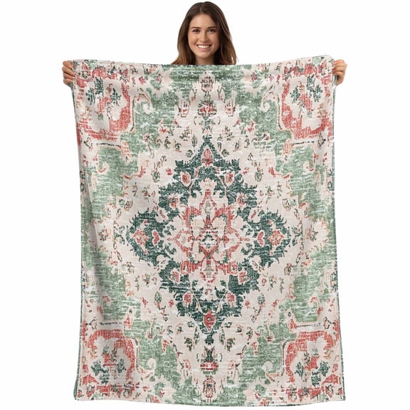 Green Pink Boho Floral Blanket Soft Cozy Warm Throw Blanket for Couch, Plush Fuzzy Flannel Fleece Blankets for Sofa, Southwestern Ethnic Flowers Retro Bed Blankets Lightweight Gifts for Men, 40"x60"