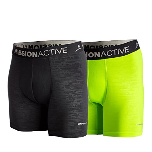 Mission mission men's vaporactive boxer briefs (2 pack), black/hi vis