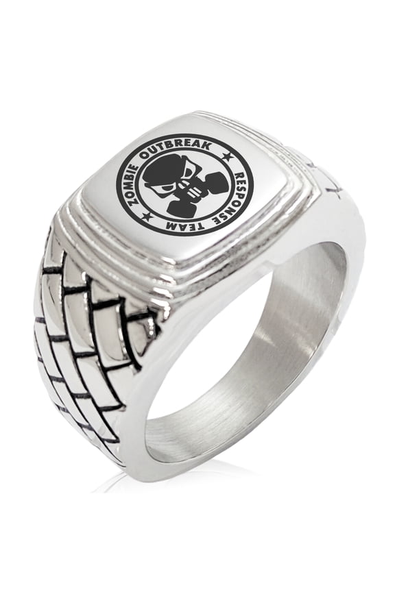 Stainless Steel Bio Zombie Outbreak Response Team Geometric Pattern Step-Down Biker Style Polished Ring