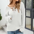 thumbnail image 4 of IROINNID Womens Sweater V-Neck Pullover Sweater Solid Color Comfy Mid-Length Long Sleeve Top Knitting and Lace-Up Sweater, 4 of 7