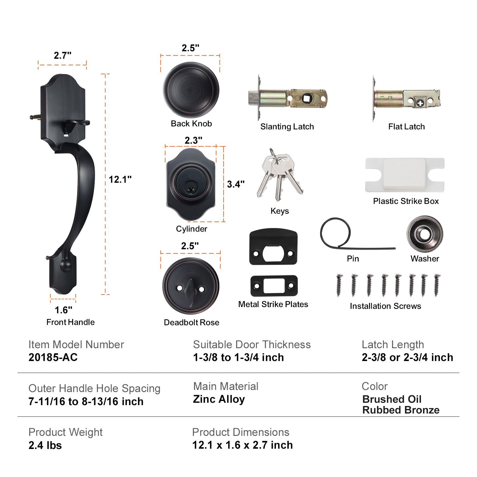 Front Door Lock Set with Deadbolt Zinc Alloy Copper-Plated Finish Adjustable Hole Spacing 7-11/16 to 8-13/16 Inch Reversible for Left/Right Doors