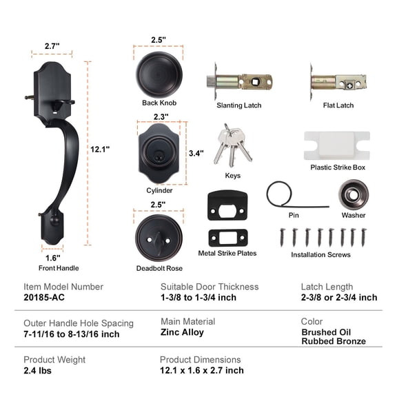Front Door Handle&Deadbolt Set,Front Door Lock Set with Interior Knob,Adjustable Hole Spacing Single Cylinder Handleset,for Right&Left Handed Entrance,Brushed Oil Rubbed Bronze