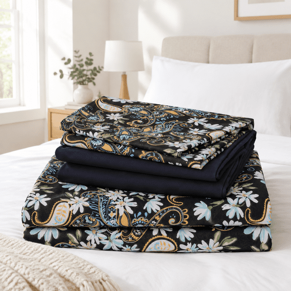 6 Piece Black Paisley Flprinted Queen Sheet Set Deep Pocket