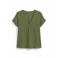 thumbnail image 6 of QUNYINEY Short Sleeve Tshirts Women Trendy Green Cotton Linen Casual Tops Summer Loose Fit Pullover V Neck Pleated Shirts, 6 of 8