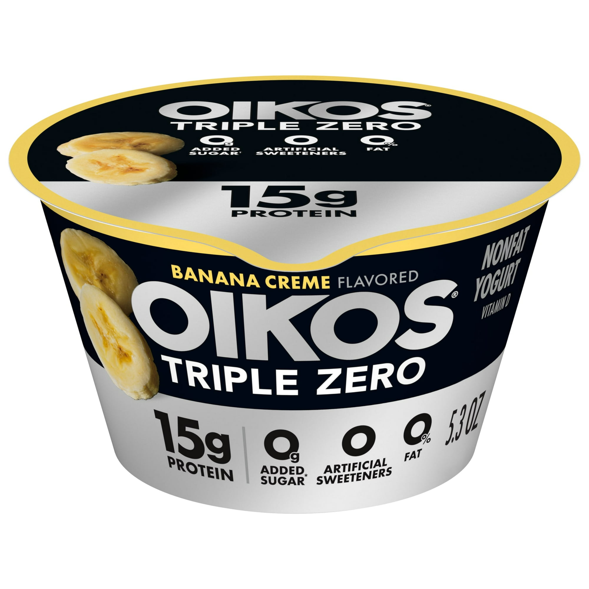 Oikos Triple Zero 15g Protein Banana Creme Greek Yogurt, 90 Calories, 0g Added Sugar and 0 Artificial Sweeteners, Nonfat Yogurt Pack, Great for Office Snacks, 5.3 oz Cup