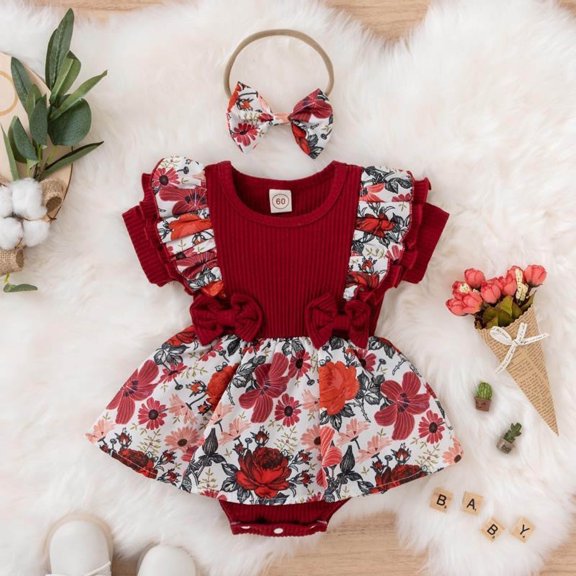 Avtoify Toddler Rompers, Toddler Girls Ruffle Floral Skirted Bodysuit Matching Bow Headband 2Pcs Outfit