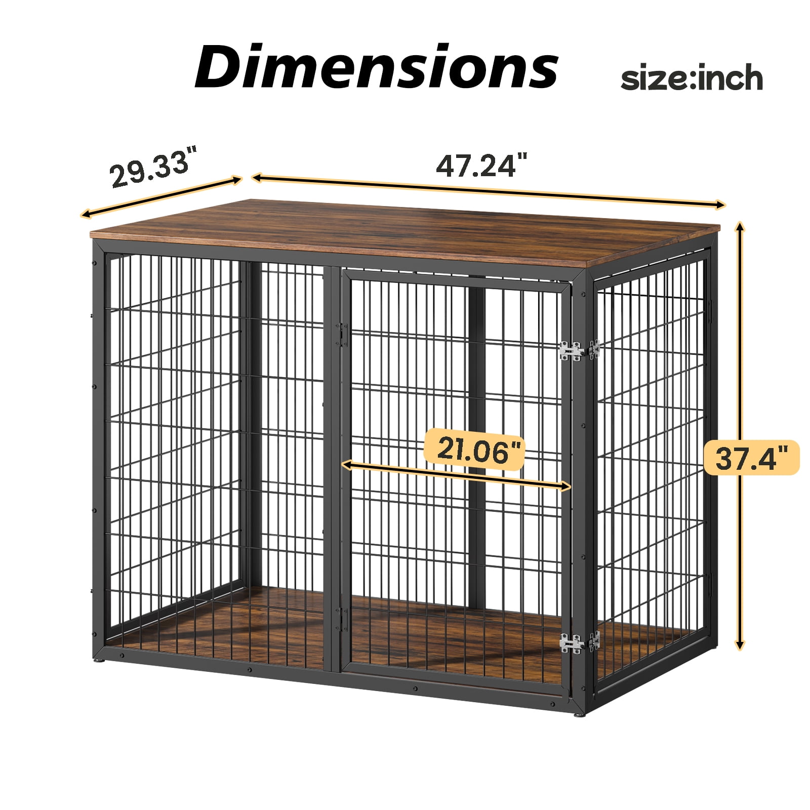 Dog Crate Furniture, Three Door Kennel, Rustic Brown Pet House with Ventilated Metal Frame and Storage Top, Large Dog Cage for Living Room, 47 Inch Brown