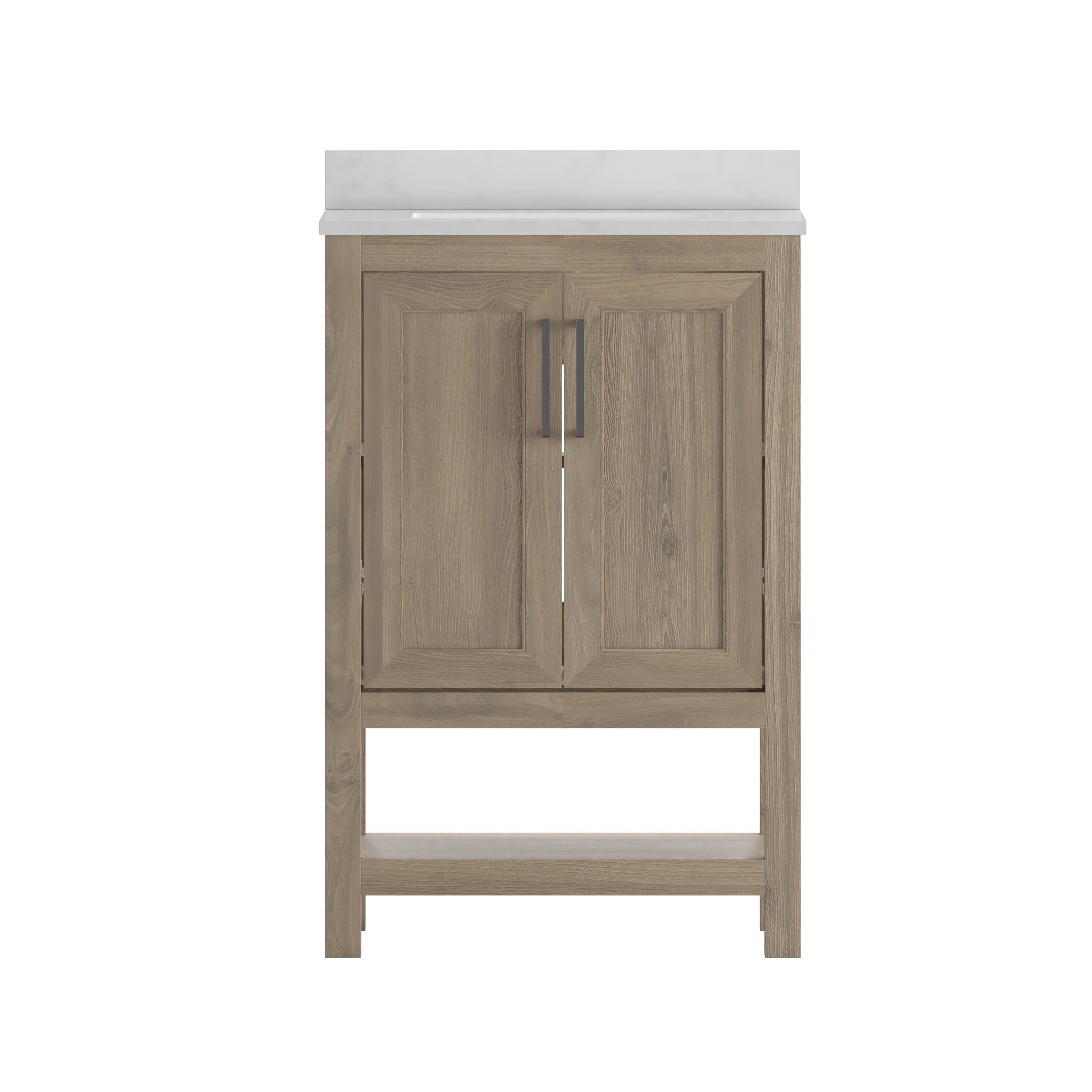 Merrick Lane 24 Inch Bathroom Vanity with Ceramic Sink, Carrara Marble Finish Countertop, Storage Cabinet with Soft Close Doors and Open Shelf in Brown