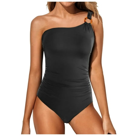 JDEFEG Womens Swimsuits High Cut 1 Piece Swimsuit Control Tummy Bathing Suit Women One Shoulder 1 Piece Swimsuit for Women Bathing Suits Full Coverage Keyhole Swimwear Dark Gray Size S