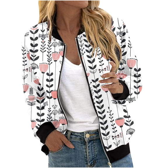 Women's Floral Print Bomber Jacket Casual Vintage Zip Coat Lightweight Long Sleeve Outwear Tops Windbreaker