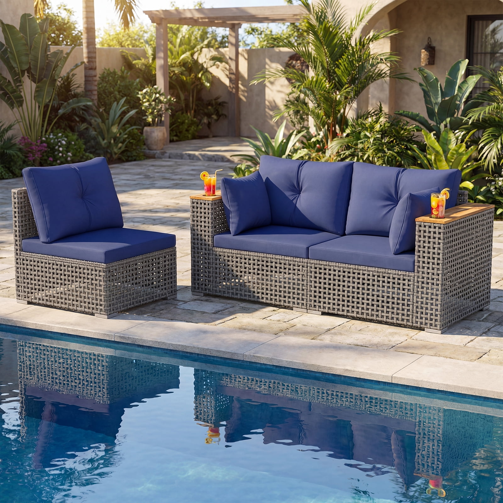 Costway Patio Wicker Sectional Furniture Set, 3 Piece Outdoor Couch Set for Garden Navy