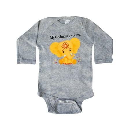 

Inktastic Etana My Godmom loves me yellow Elephant Gift Baby Boy or Baby Girl Long Sleeve Bodysuit