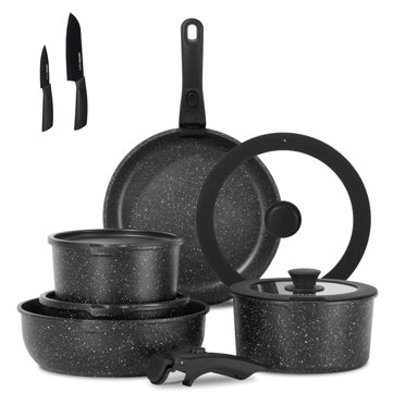 18 Piece Nonstick Cookware Set, Aluminum Pots & Pans with Detachable Handles and Lids, Stackable RV Kitchenware, Black