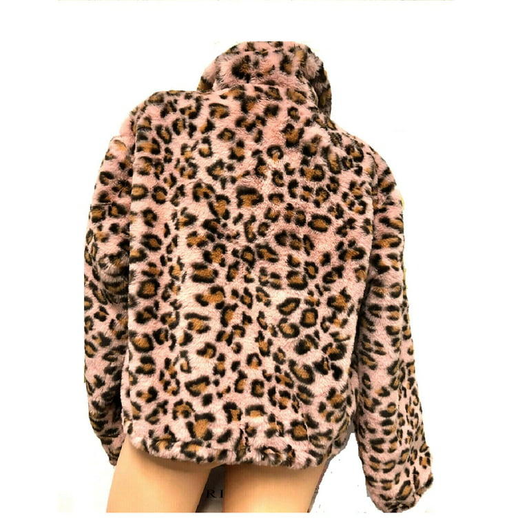 Victoria's Secret Pink Know One Cares Faux Fur Semi Crop Full Zip Jacket Pink  Leopard Medium New 