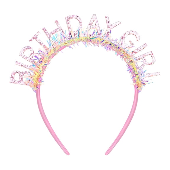 TUWAFE Birthday Girl Headband Pink Glitter Crown with Colorful Tinsel Fringe Hair Accessory