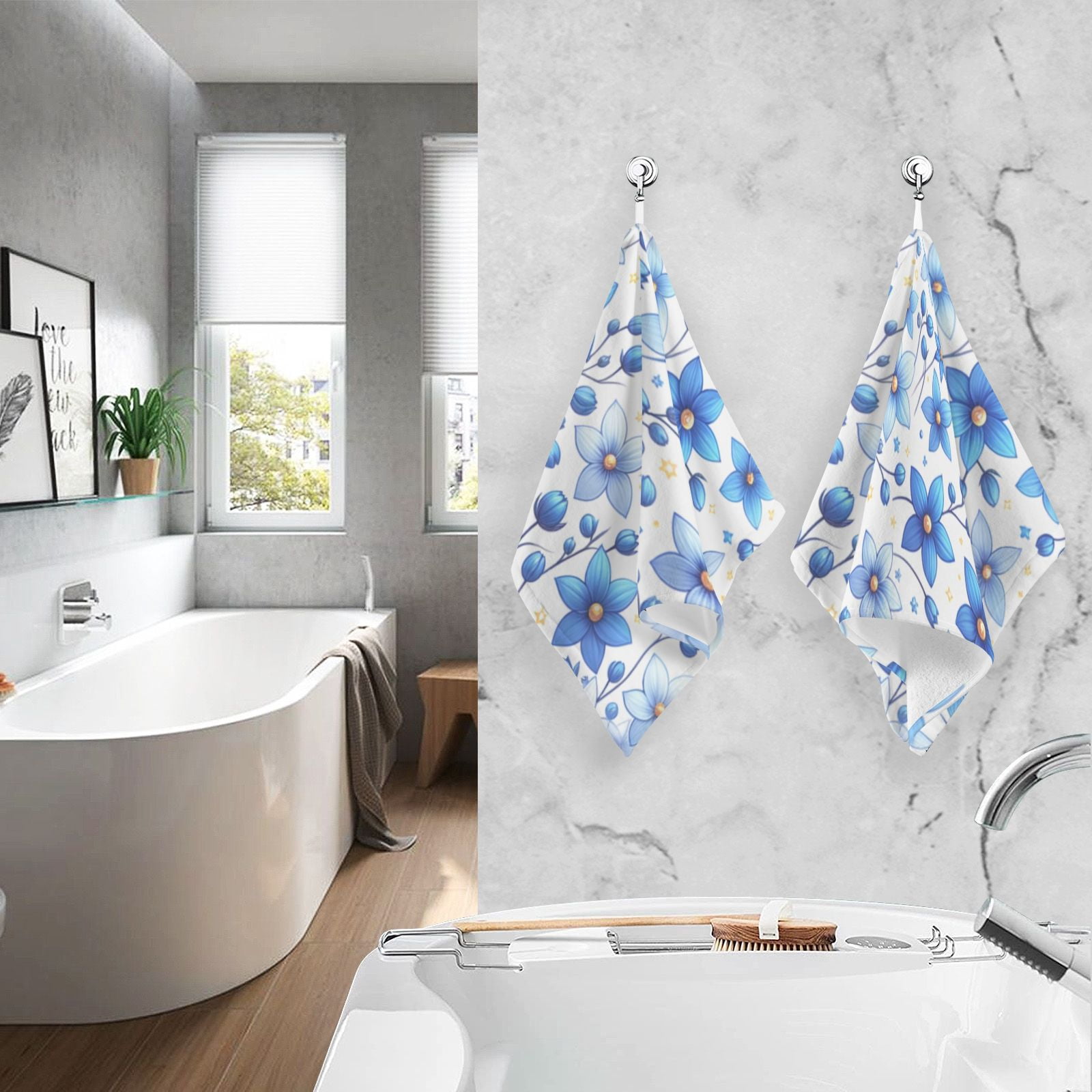 Cute Blue Flowers Hand Towels Cotton Bath Towels Large Face Towels Absorbent for Bathroom 2 Packs