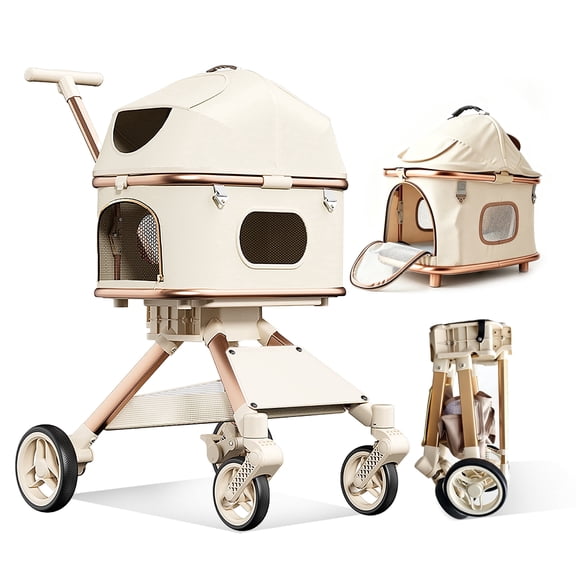 SteAnny Stroller for Dog&Cat,Pet Stroller with 4-Wheels Up to 55lbs, 2-in-1Removable Carrier(Khaki)