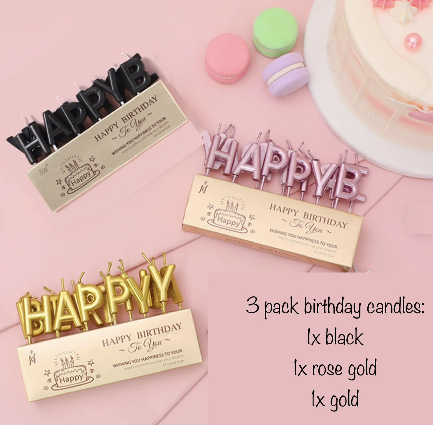 3 sets Happy Birthday Candles, Rose BirthdayGold Candles, Gold Birthday