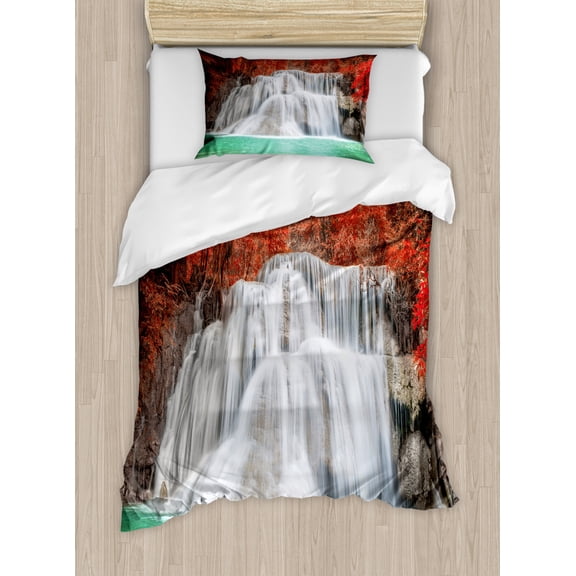 Landscape Duvet Cover Set Twin Size, Nature Theme with River in the Fall Season Warm Colored Leaves, Decorative 2 Piece Bedding Set with 1 Pillow Sham, Vermilion Pale Blue and Brown, by Ambesonne