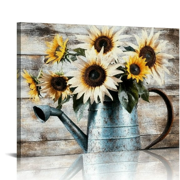 Patifu Farmhouse Canvas Wall Art Farmhouse White Rustic Sunflowers Wall Art Decor For Picture Print Floral Vintage Grain Canvas Artwork For Living Room Bedroom Bathroom Office 20x16in