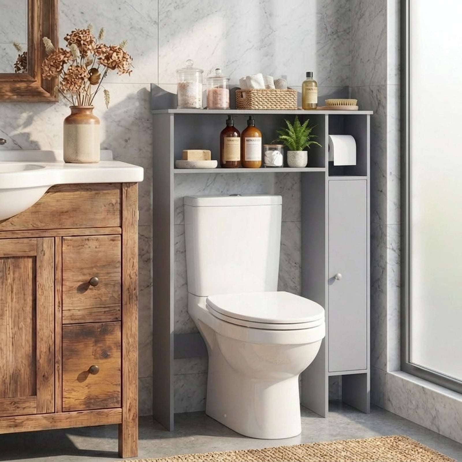 Vebreda Over the Toilet Storage Cabinet with Toilet Paper Holder and Removable Shelves for Bathroom Space Saving Organizer, Gray