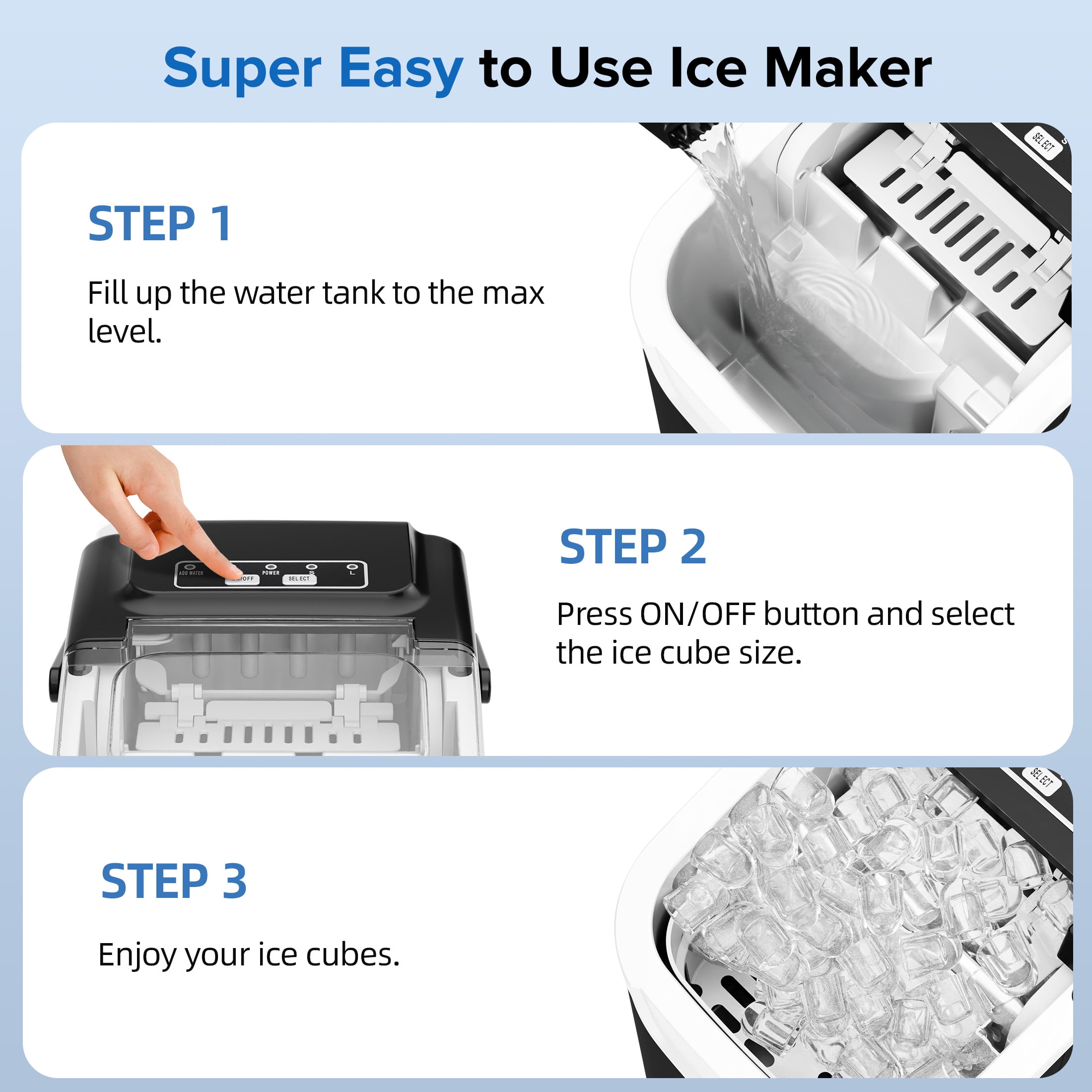Auseo Countertop Ice Maker, 2 Sizes of Bullet Ice, 26Lbs/24H, 8 Ice Cubes in 6 Mins, Portable Ice Machine with Self-Cleaning for Home/Party/Travel/Camping (Black)