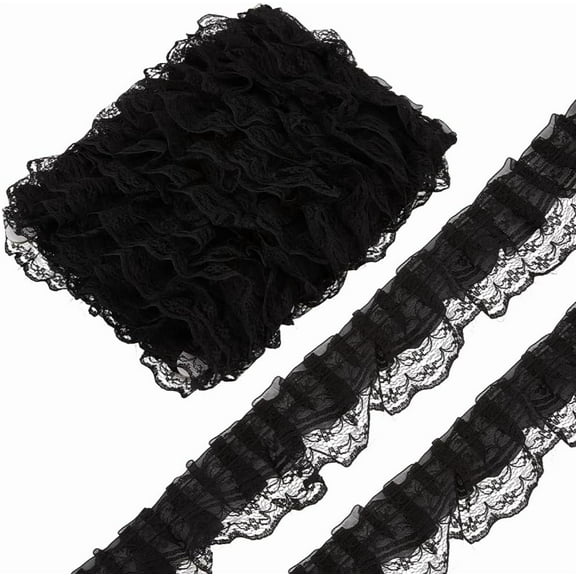 11 Yards Black Ruffle Pleated Lace Trim Gathered Embroidered Fabric Applique Trimming Double Layer Ruffled Edge Tulle Ribbon Bulk