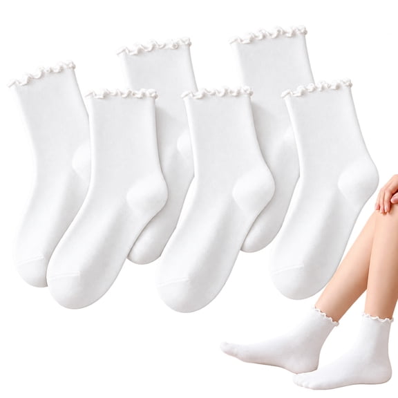 Livease 6 Pairs White Ruffle Socks for Girl Women,Thin Mid Crew Frilly Socks, Ankle socks, Size 5-10
