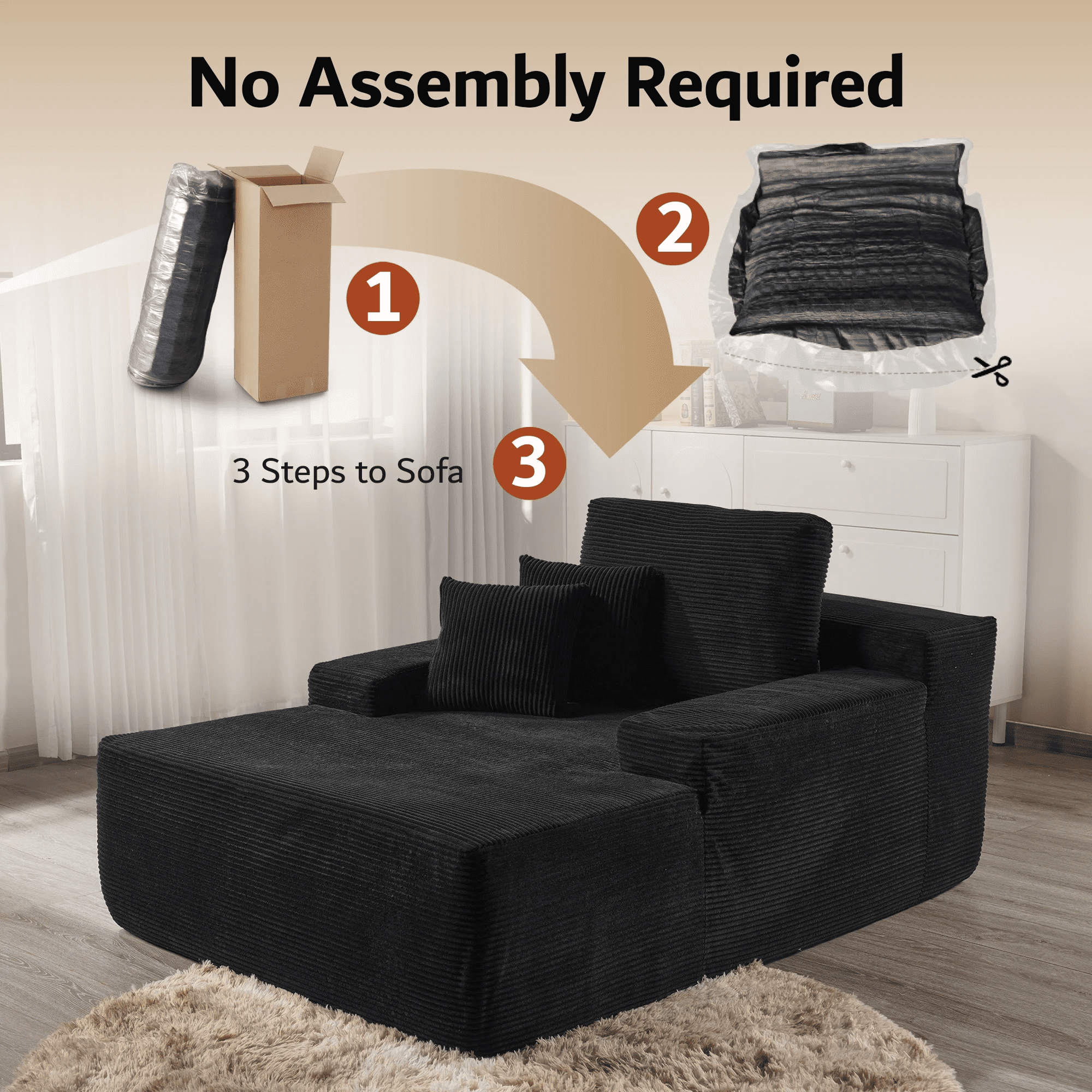 Vcatnet 67"x48" Chaise Lounge Chair Indoor Oversized Lounge Couch Upholstered Corduroy Sofa Bed for Living Room and Bedroom, Black