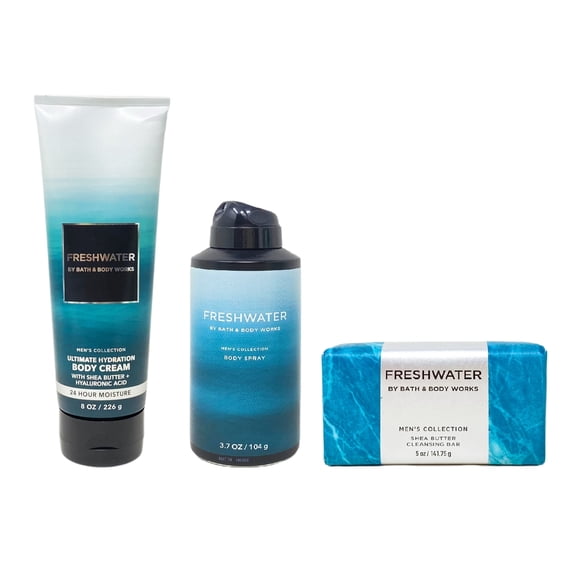 Bath and Body Works Men's Collection FRESHWATER 3 Piece Gift Set - Body Cream - Body Spray - Cleansing Bar - Full Size
