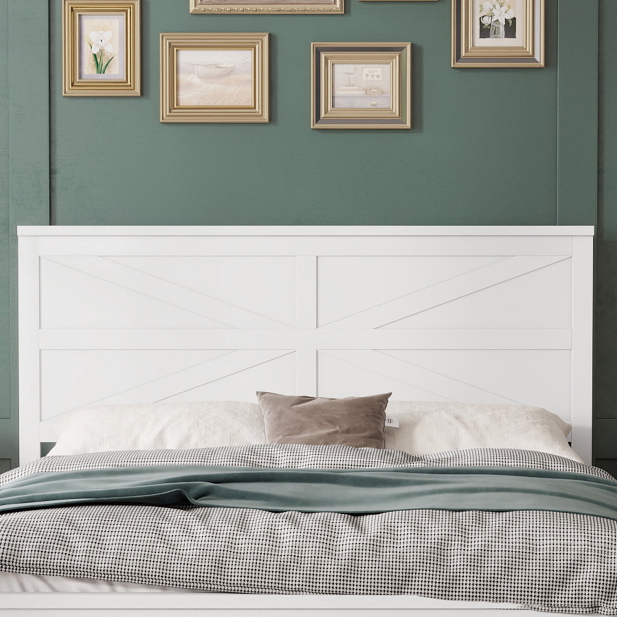 Leumius Farmhouse Style Queen Size Bed with Barn Door Designed Headboard and Footboard, Pinewood Bed with Strengthened Bed Frame for Teens Adults White