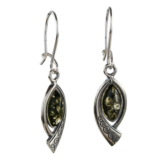 “Emma” Genuine Baltic Green Amber Drop Earrings – 925 Sterling Silver (Natural Amber)