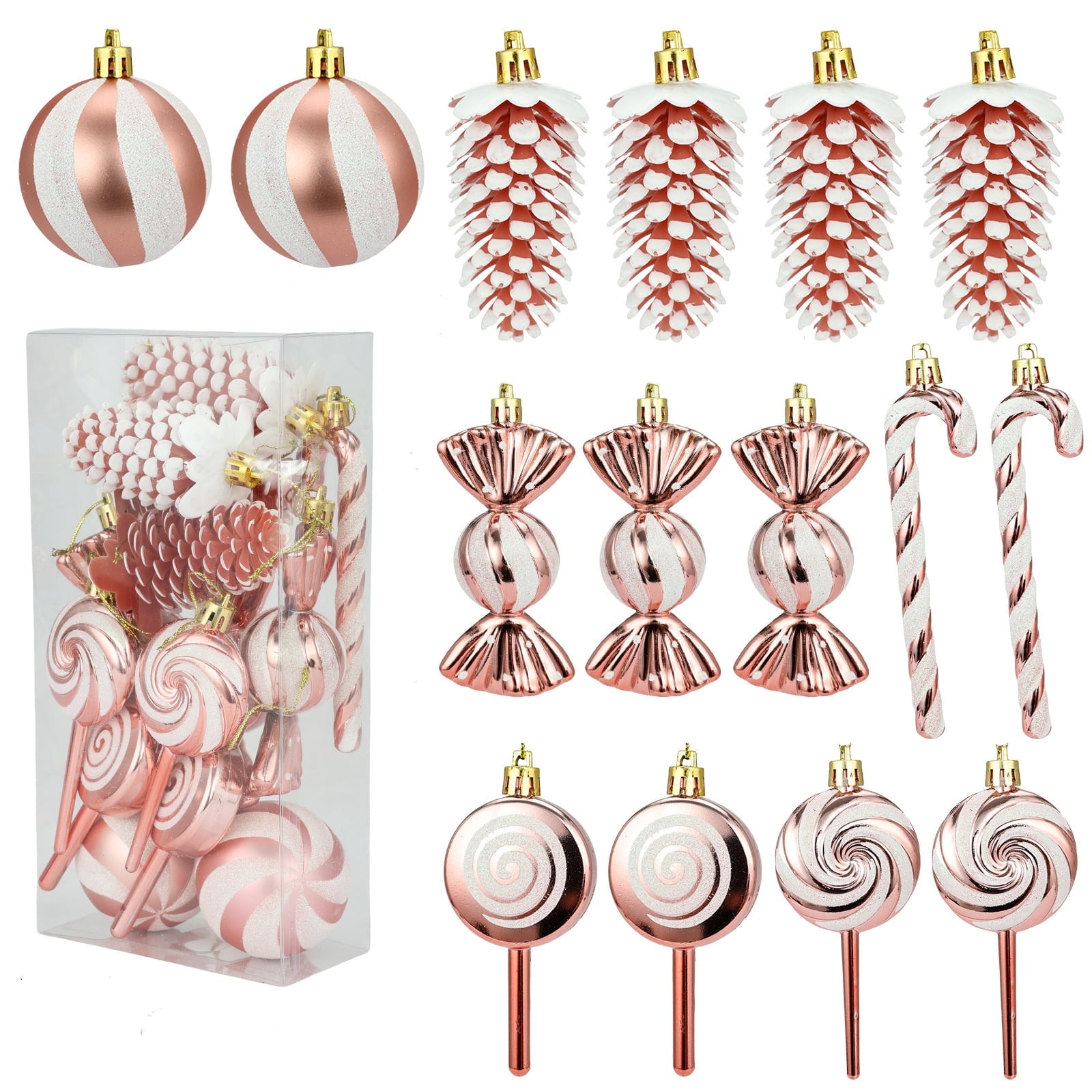 Set of 15 Christmas Tree Ornaments, Kvago Hanging Candy Cane Decorations Swirl Lollipop Christmas Ball Ornaments with Rope for Home Xmas Tree Party Holiday Decoration (Rose Gold)