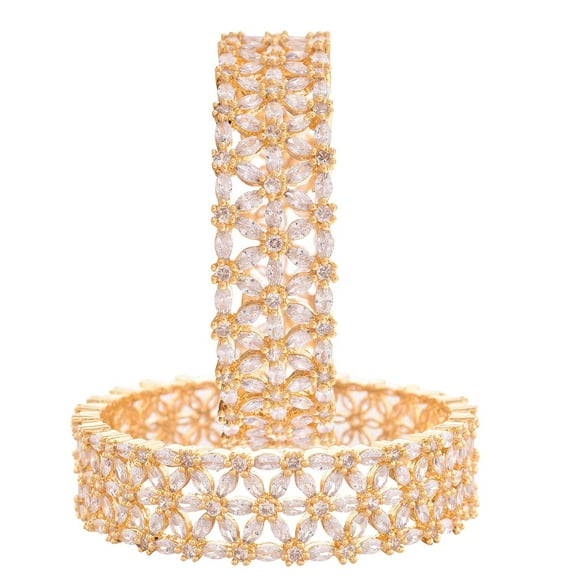 Ratnavali Jewels CZ Zirconia Gold Plated Designer White Baguette Bracelet Bollywood Wedding Bangle Jewelry Women