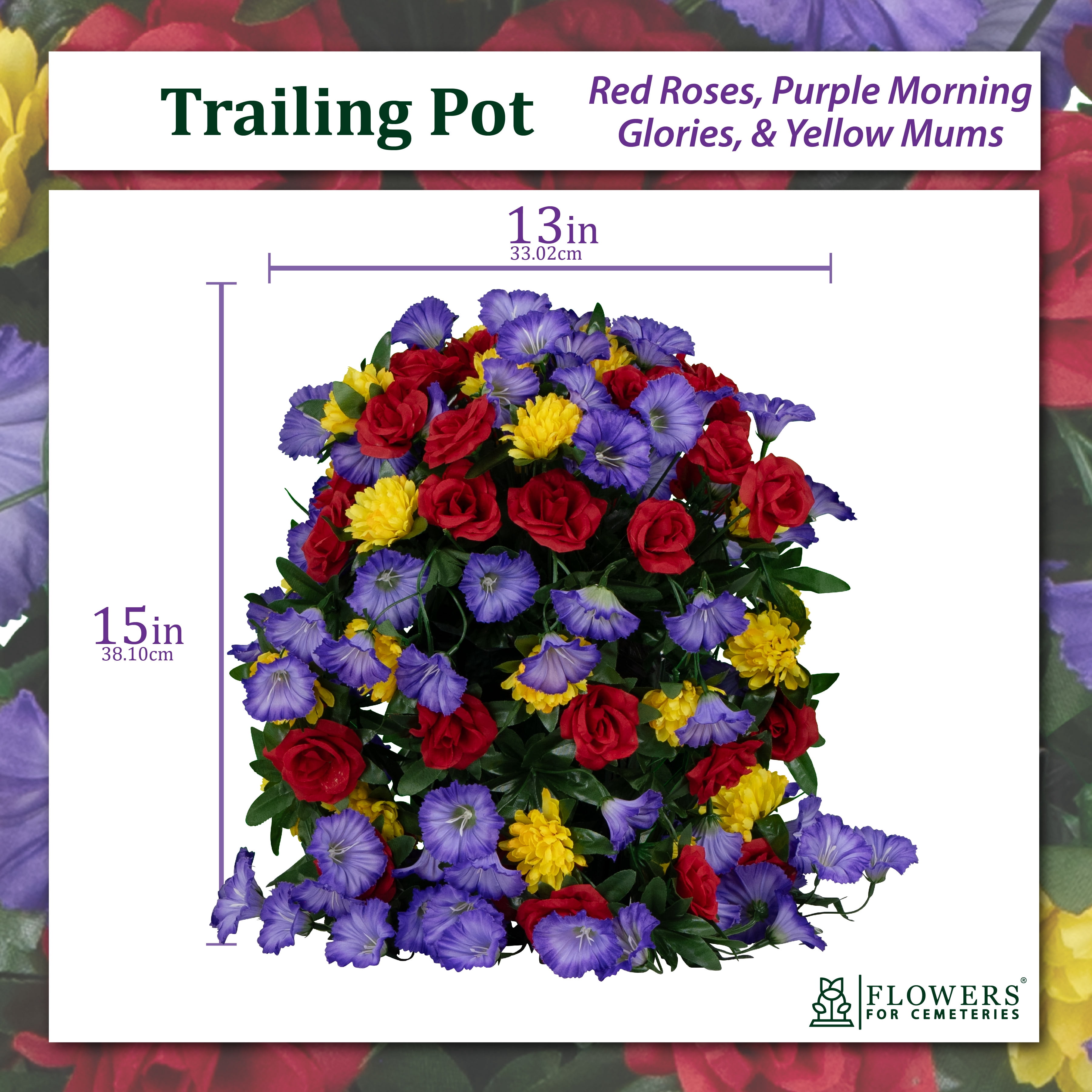 Sympathy Silks Artificial Flowers Outside Weighted Trailing Red Roses Purple Morning Glories and Yellow Mums Pot