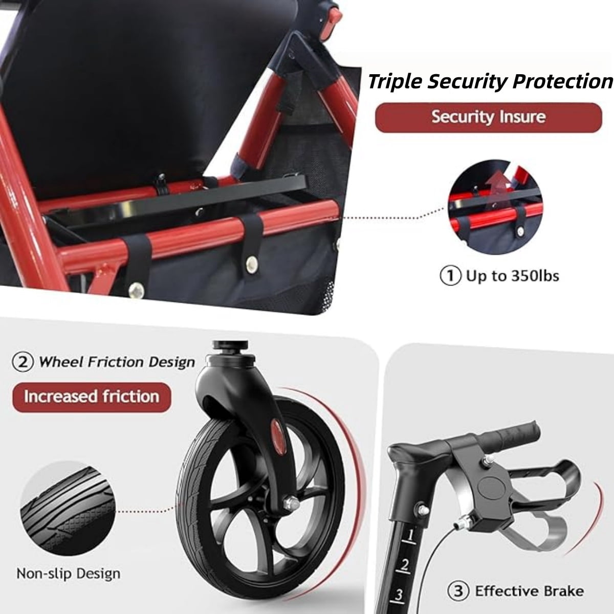 GLOBALSEAGULL, Rollator Walker, Lightweight Foldable Aluminum, Red