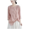 thumbnail image 3 of Swuxness Women 3/4 Sleeve Casual Shirts, Spring and Summer Tops, Ladies Printed Comfortable Fashion Linen Buttons Loose Pullover Blouse Pink, L, 3 of 5