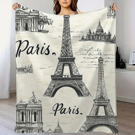 Vintage Paris Eiffel Tower Flannel Throw Blanket Hypoallergenic All-Season Cozy Nap Blanket Digital Quilted Contemporary Geometric Design Red Ideal Holiday Gift