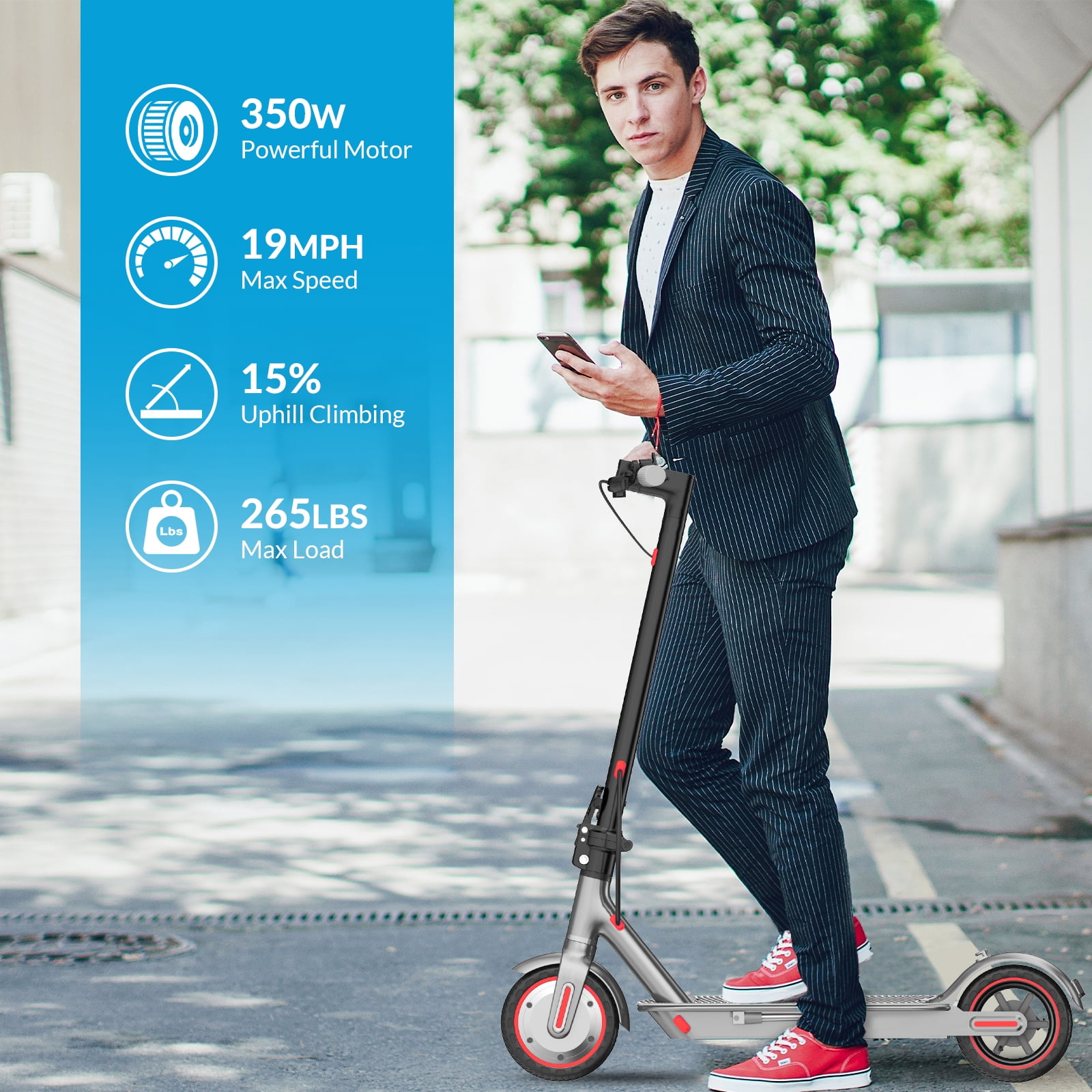 HiQiS 350W Electric Scooter, 19 MPH & 15Mile Range, Foldable Commuting E-Scooter with Dual Braking and APP Control for Adults and Teens Red