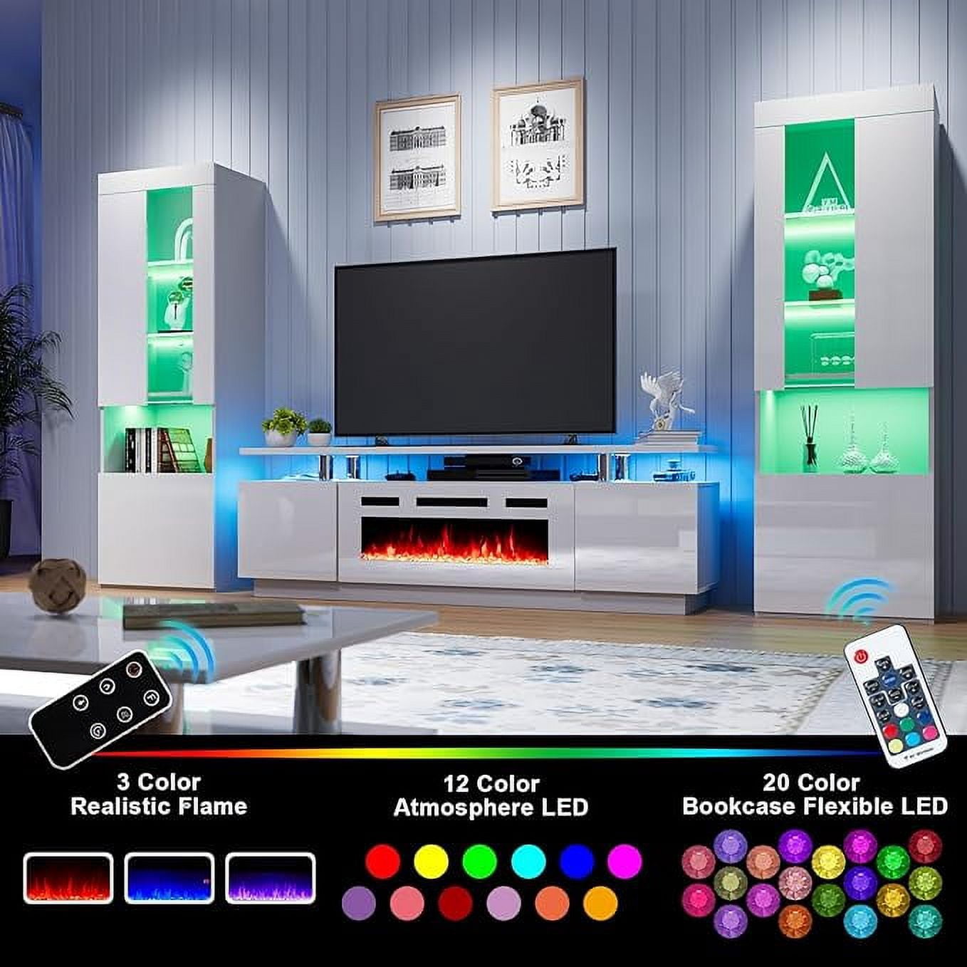 PLAUIN Entertainment Center with Fireplace and Bookcases, 70" TV Stand, 2 Bookshelves, White